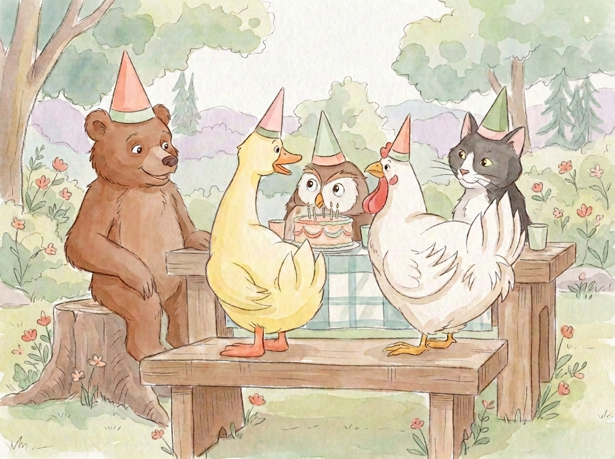 Festa no bosque — aquarela com o Urso, o Pato, a Coruja, a Galinha e o Gato